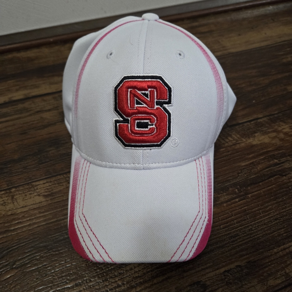 NC State University Embroidered Logo Adidas Hat Ball Cap White Red Pink Ribbon